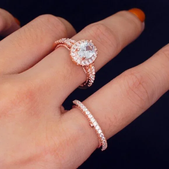 NEW 2PC/Set Oval Diamond Halo Rose Gold Ring